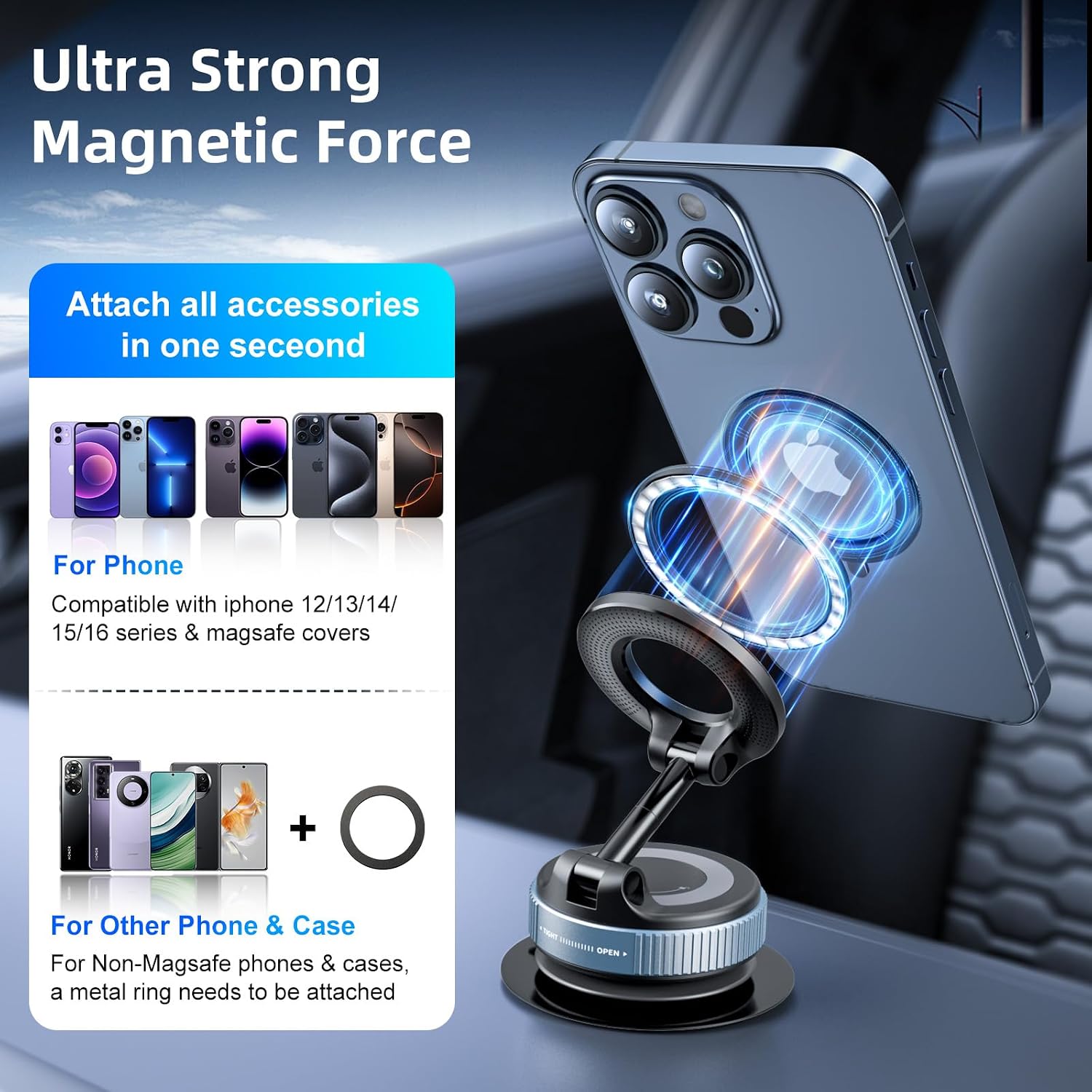 Vacuum Magnetic Phone Holder, 360° Adjustable Magnetic Car Mount, Foldable Portable Suction Cup Cell Phone Mount for Car/Gym/Mirror/Shower, Compatible with All Smartphones & All Car Models