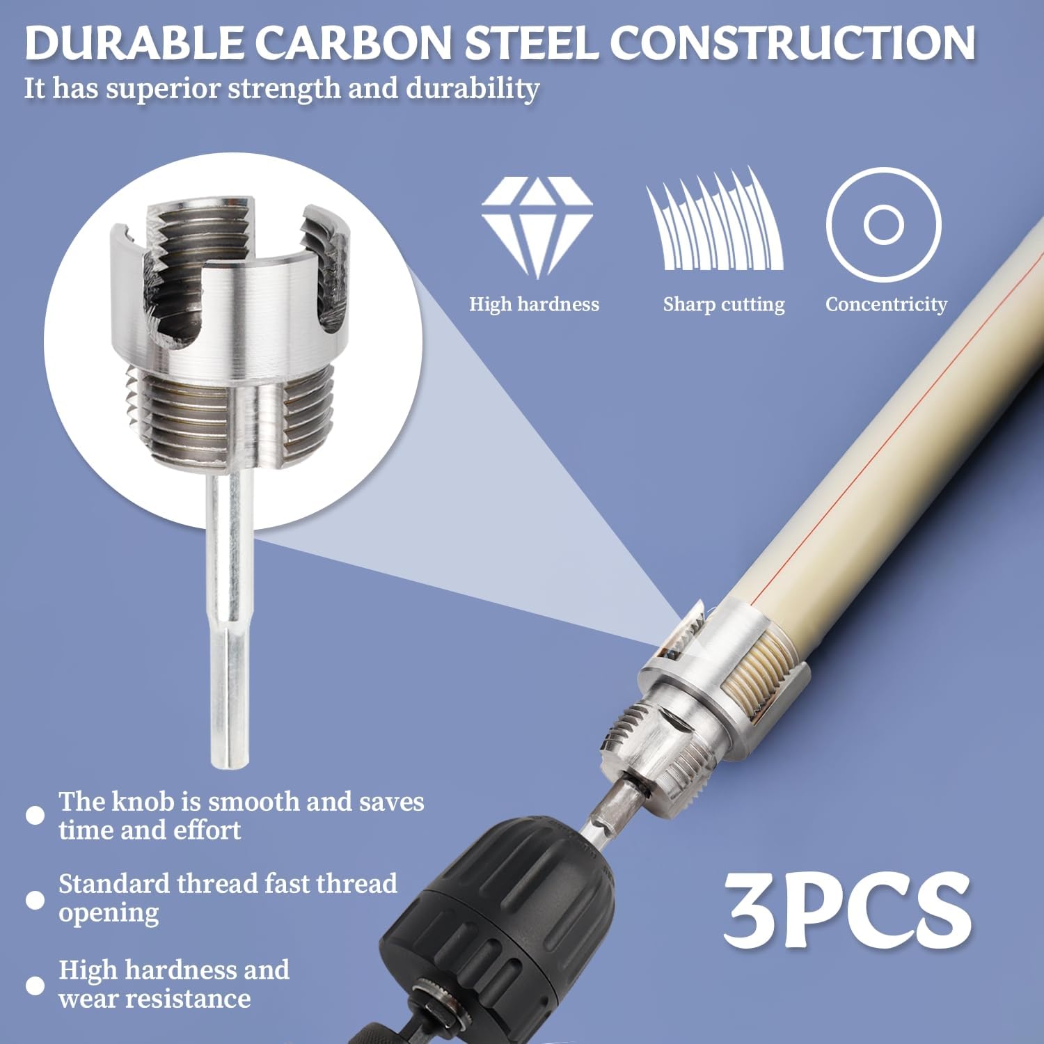 PVC Pipe Threader Set 1/2, 3/4 and 1 Inch | Integrated internal and external pipe threading tool, drill compatible, for plumbing repair PVC pipes and DIY projects