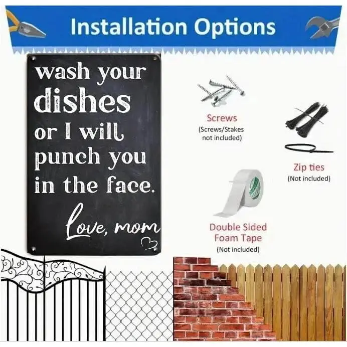Funny Sarcastic Metal Tin Sign, Wash Your Dishes Or I Will Punch You In The Face - Funny Metal Poster Plaque Art Wall Decor For Home, Patio Yard Room Kitchen Decor 8 * 12inchs Decoration Gift