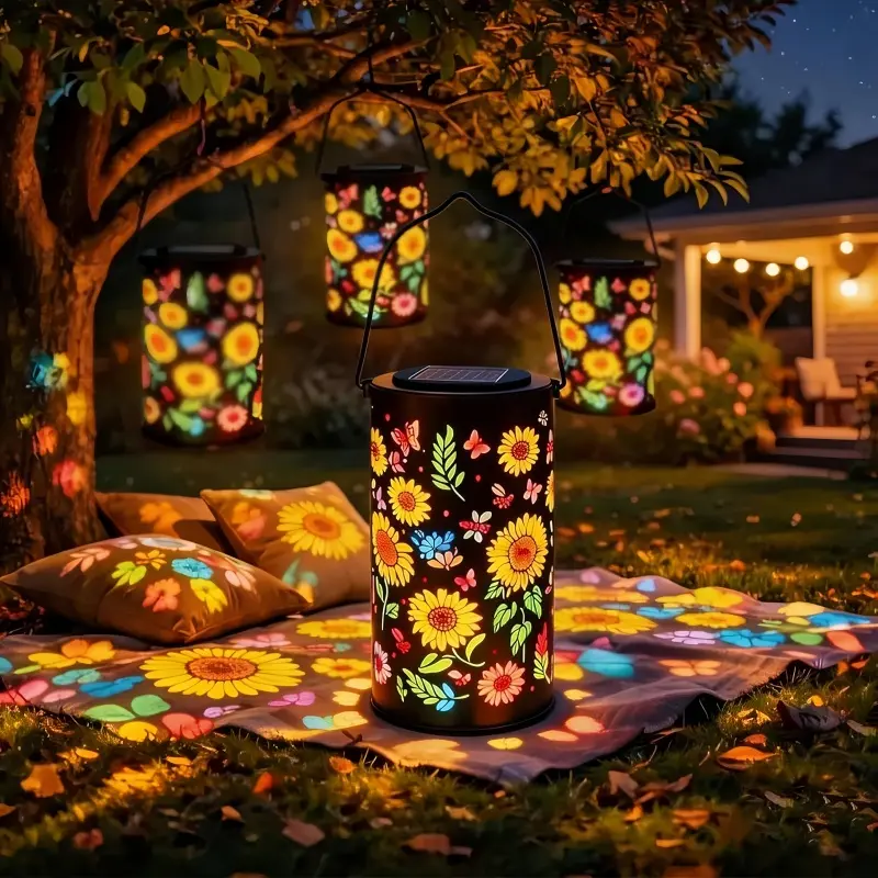 Colorful Sunflower Glow Solar Garden Lantern, Outdoor Waterproof Hanging Solar Light with Butterfly & Sunflower Projection Effect. Metal Decorative Light for Patio, Yard, Pathway, Garden & Ideal Gift Choice