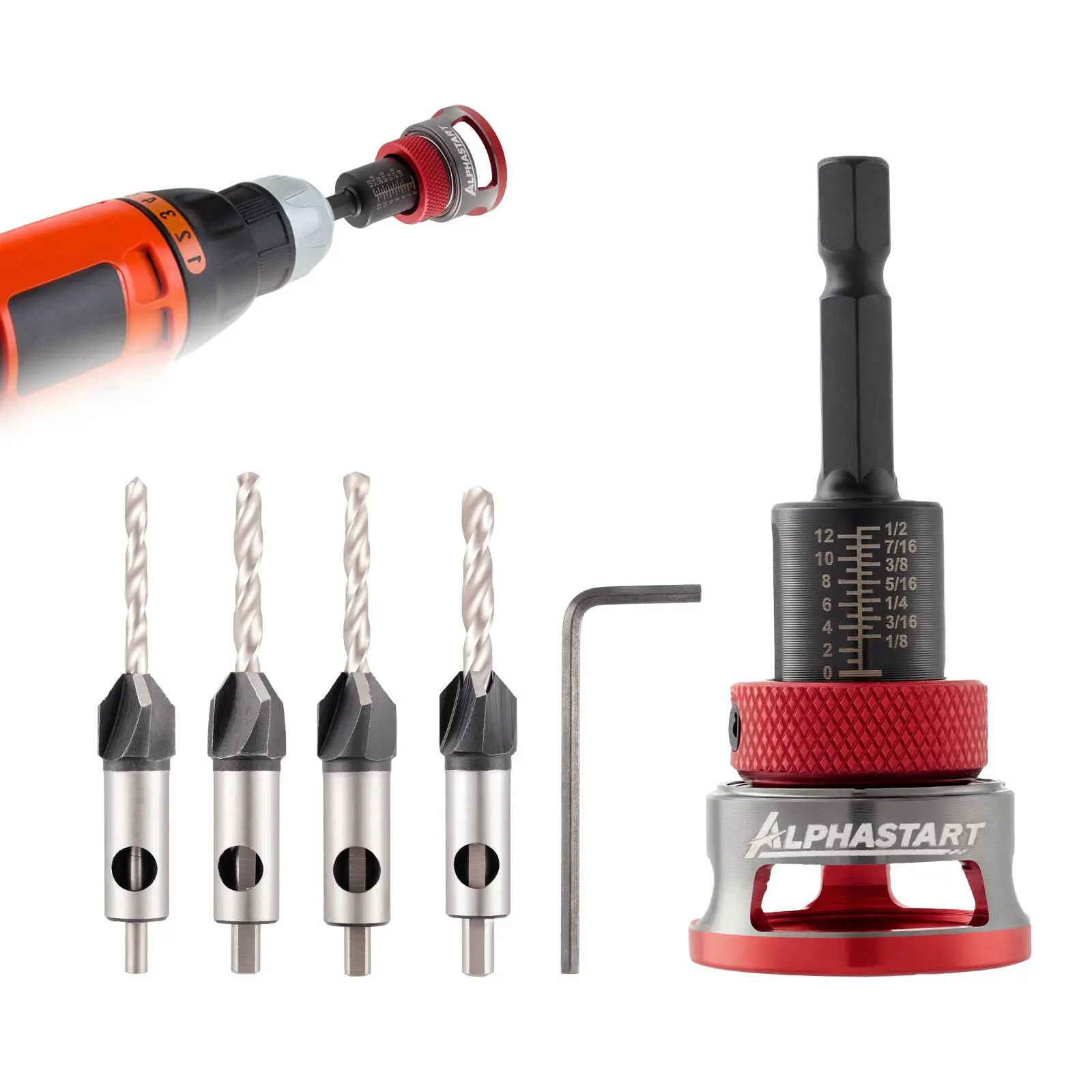 ALPHASTART 4PCS HCS (High Carbon Steel) 4-Blade Countersink Drill Bit Set with Adjustable Depth Stop, L-Shape Wrench, Work Tools for Precision Drilling, Suitable for Wood and Plastic, Tool Included for Drilling in Wood and Plastic