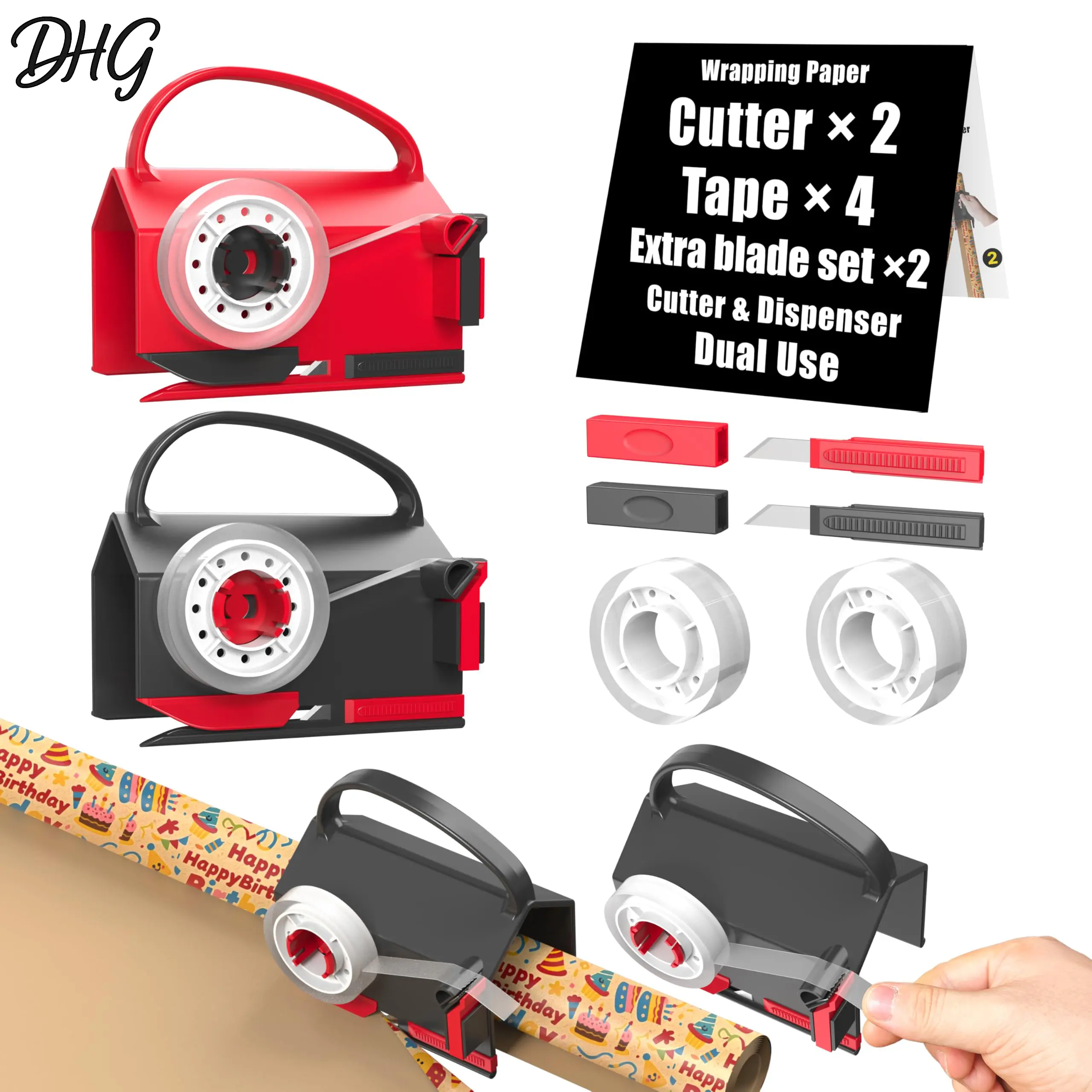 DHG 2 Pack Dual-Use Wrapping Paper Cutter & Tape Dispenser Kit