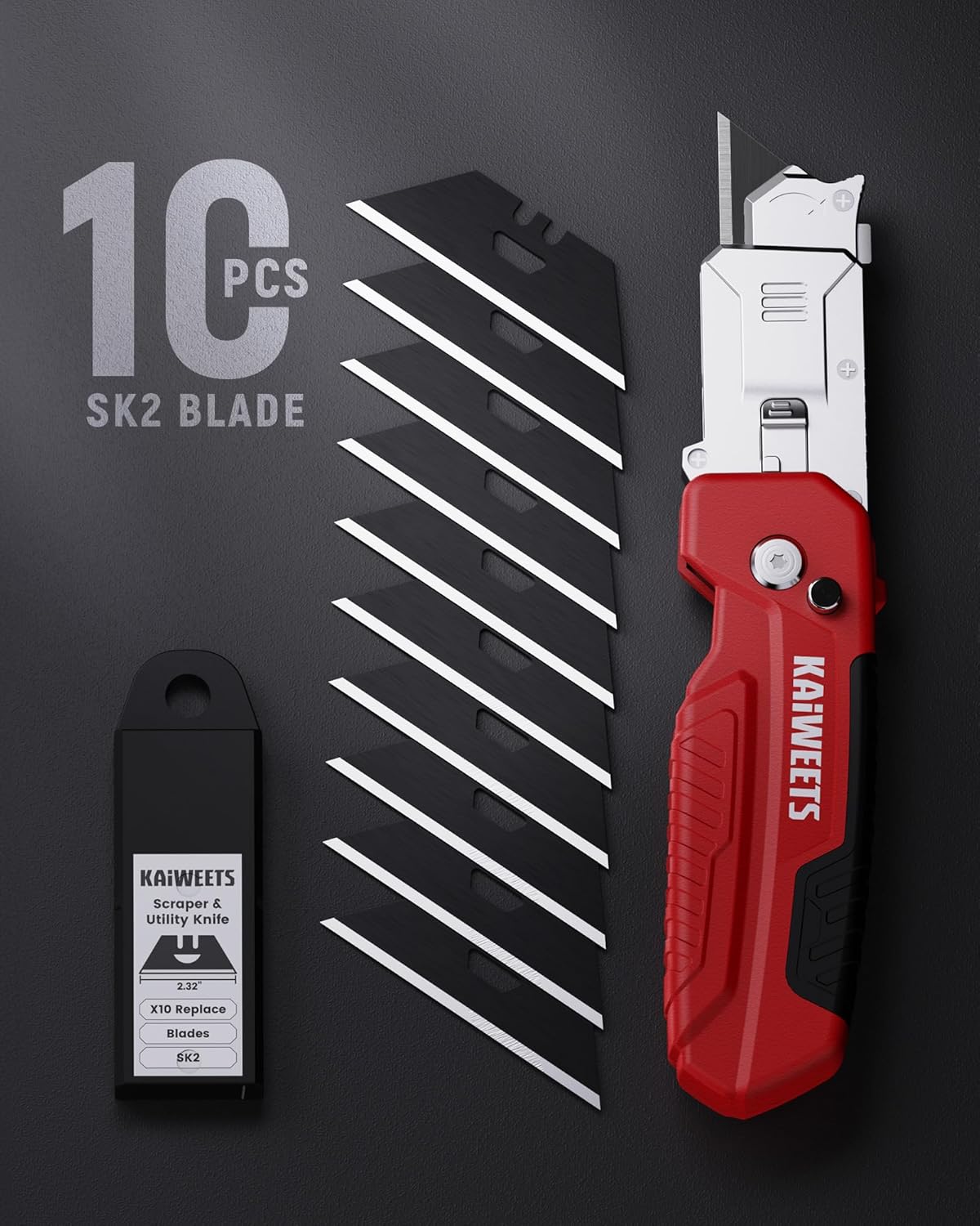 KAIWEETS Utility Knife Scraper, 2-in-1 Folding Box Cutter with Blade Storage, Heavy Duty Zinc Alloy Body, Retractable Design, 12pcs SK2 Black Blades replacement, EDC Tool for Home, Office, DIY