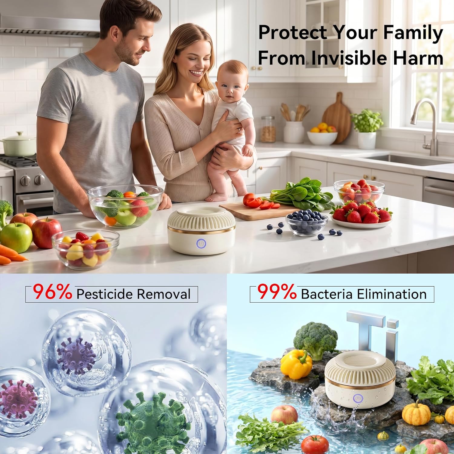 Portable Fruit and Vegetable Cleaner, Household Produce Washing Machine with One-Button Operation, Sterilization and Pesticide Removal, Food Purifier for Vegetables and Fruits, Kitchen Fruit Washer for Home Use and Outdoor Picnic