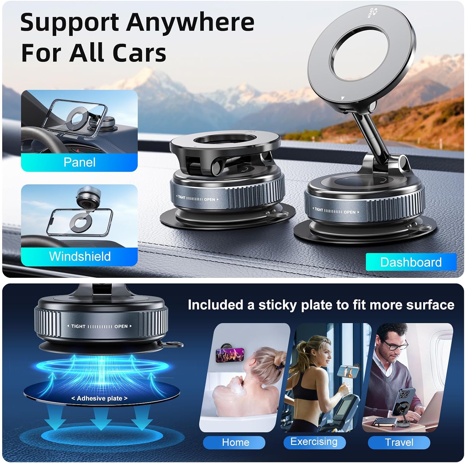 Vacuum Magnetic Phone Holder, 360° Adjustable Magnetic Car Mount, Foldable Portable Suction Cup Cell Phone Mount for Car/Gym/Mirror/Shower, Compatible with All Smartphones & All Car Models