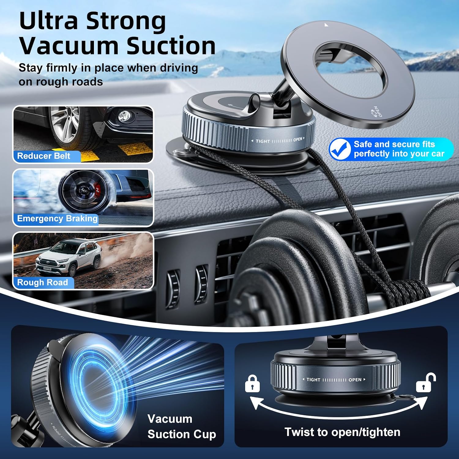 Vacuum Magnetic Phone Holder, 360° Adjustable Magnetic Car Mount, Foldable Portable Suction Cup Cell Phone Mount for Car/Gym/Mirror/Shower, Compatible with All Smartphones & All Car Models