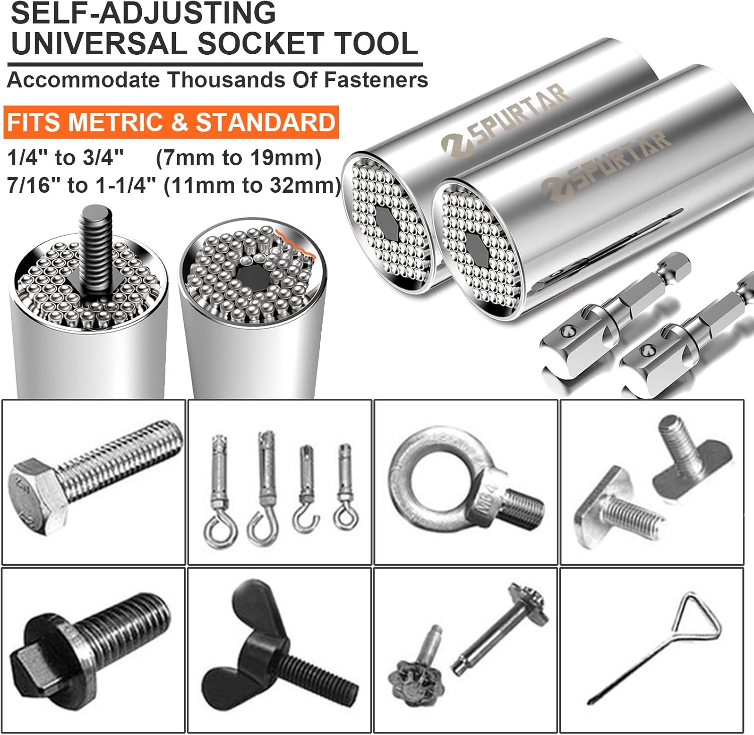 Spurtar 2/4Pcs Universal Socket Set (11-32mm 7-19mm) for Unscrew Any Bolt | Multi-Function Universal Socket Tool with 3/8" 1/2" Power Drill Adapters Birthday Gift for Dad, Husband, Man, Handyman