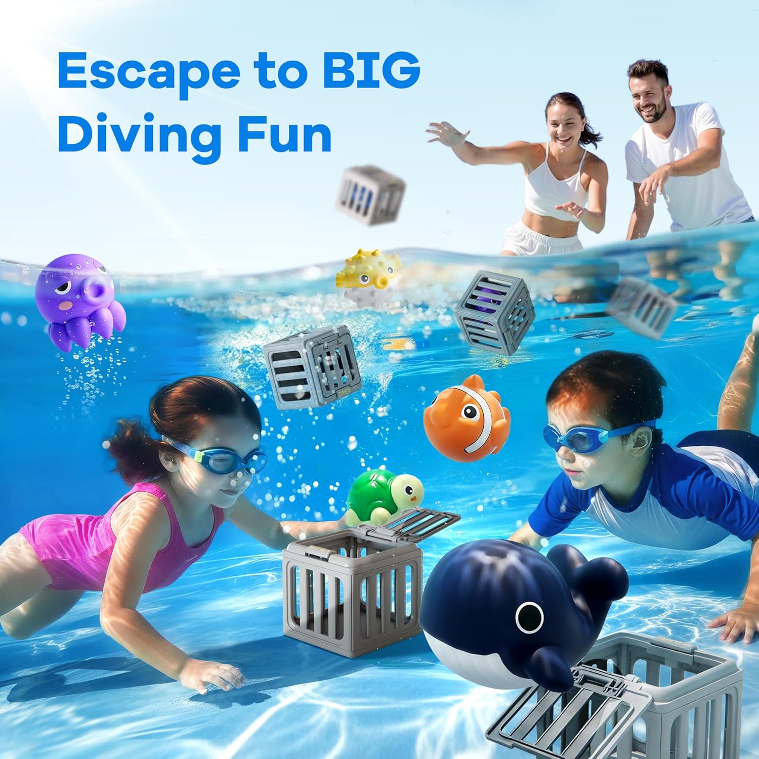 Kids Pool Diving Toys, Water Swimming Dive Pool Game, Toddler Bath Toy Play Set W/ Fish Box Floating Animals, Fun Outdoor Beach Lake Swim Summer Party Gift 3 4 5 6 7 8 10 12 Year Old Boy Girl