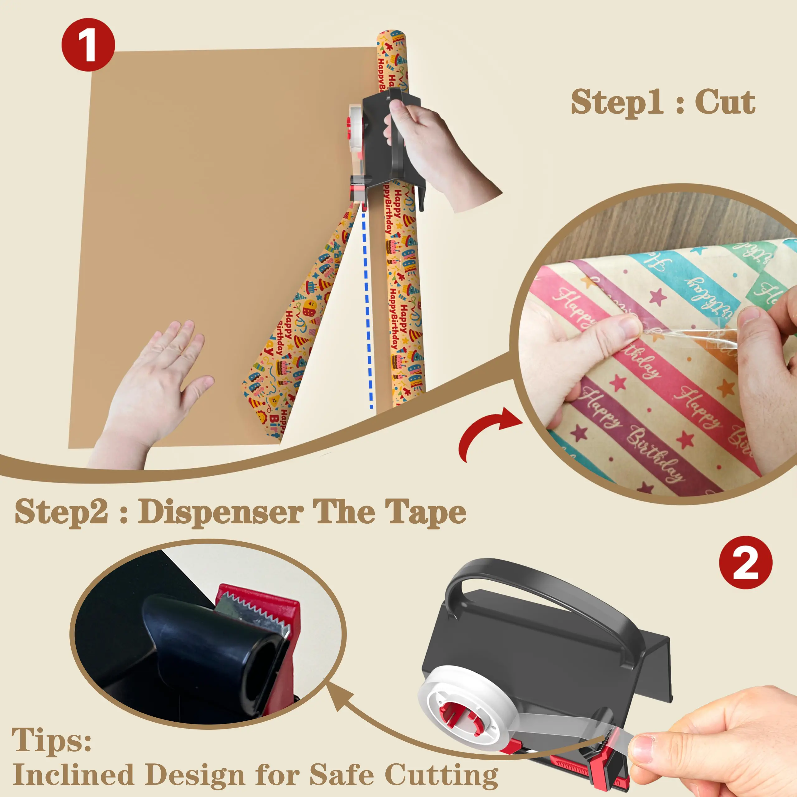 DHG 2 Pack Dual-Use Wrapping Paper Cutter & Tape Dispenser Kit