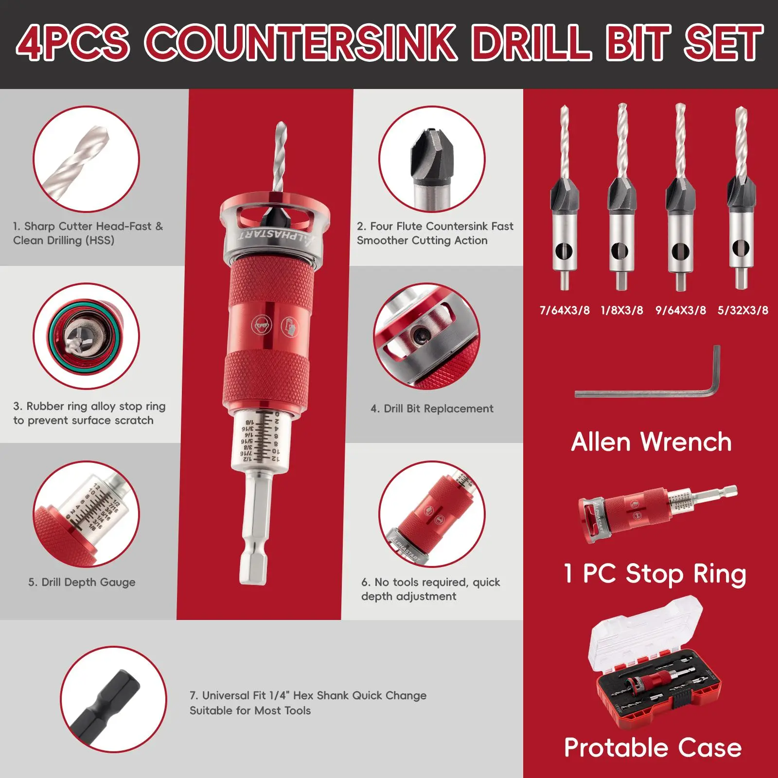 ALPHASTART 4PCS HCS (High Carbon Steel) 4-Blade Countersink Drill Bit Set with Adjustable Depth Stop, L-Shape Wrench, Work Tools for Precision Drilling, Suitable for Wood and Plastic, Tool Included for Drilling in Wood and Plastic