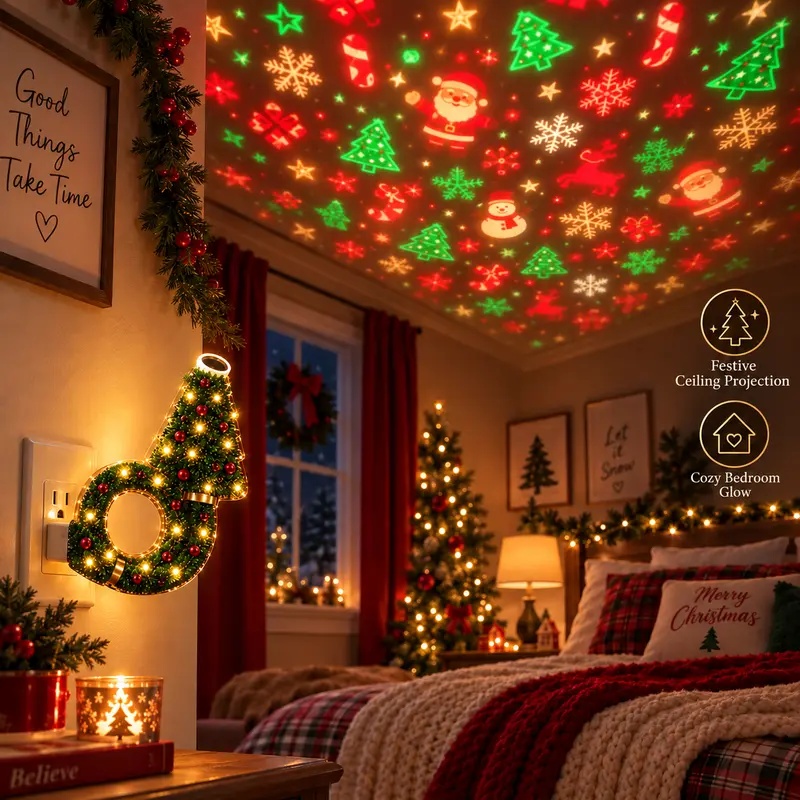 Homeandhappen - New USB Plug-In Christmas Projector Night Light, 6+ Holiday Pattern Ceiling Lamp, Warm LED Christmas Tree Room Decor for Bedroom, Party & Holiday Gifts