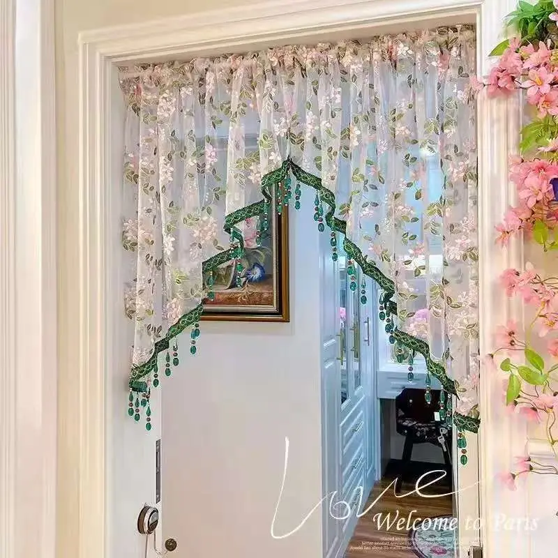 Hole-free French floral door curtains | Luxurious lace curtains with hanging crystal beads, ideal for decorating rented properties
