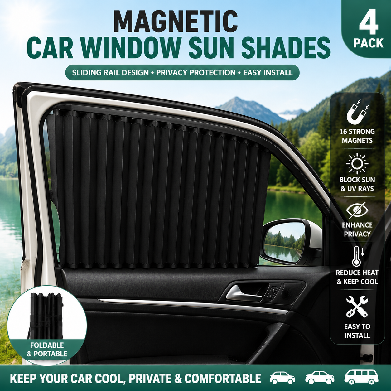 Magnetic Track Car Window Sun Shade Curtain – 4 Pack Retractable Privacy Covers for Side Windows, UV Protection & Blackout Blinds for Camping, Travel & Daily Driving
