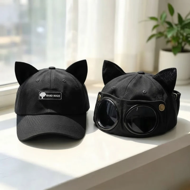 Cat Ear Goggles Hat, Steampunk Aviator Cap, Cyberpunk Costume Hat, Festival Cosplay Accessory, Cute Cat Ear Cap