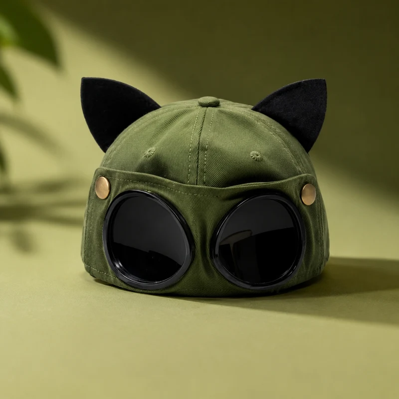 Cat Ear Goggles Hat, Steampunk Aviator Cap, Cyberpunk Costume Hat, Festival Cosplay Accessory, Cute Cat Ear Cap
