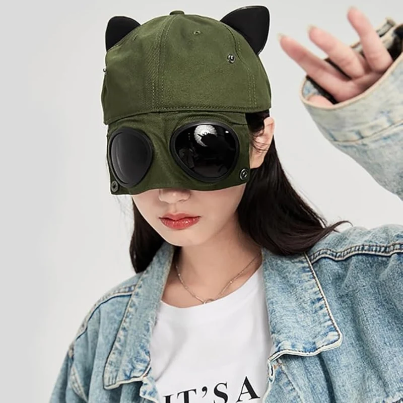 Cat Ear Goggles Hat, Steampunk Aviator Cap, Cyberpunk Costume Hat, Festival Cosplay Accessory, Cute Cat Ear Cap