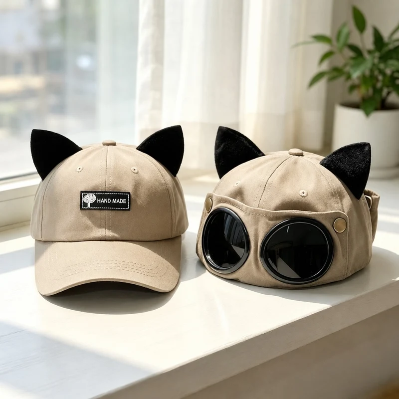 Cat Ear Goggles Hat, Steampunk Aviator Cap, Cyberpunk Costume Hat, Festival Cosplay Accessory, Cute Cat Ear Cap