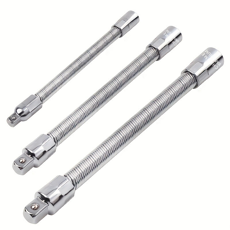 Flexible Extension Bar Set, 1/2", 3/8", 1/4" Silver Flexible Socket Wrench Extension Drive Socket Driver Handle 3Pcs