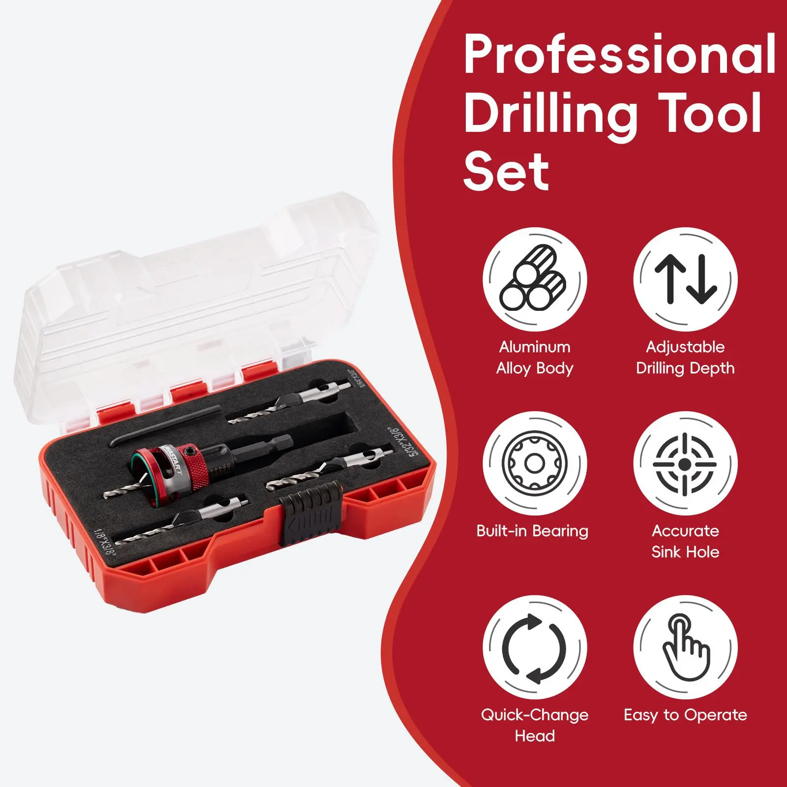 ALPHASTART 4PCS HCS (High Carbon Steel) 4-Blade Countersink Drill Bit Set with Adjustable Depth Stop, L-Shape Wrench, Work Tools for Precision Drilling, Suitable for Wood and Plastic, Tool Included for Drilling in Wood and Plastic