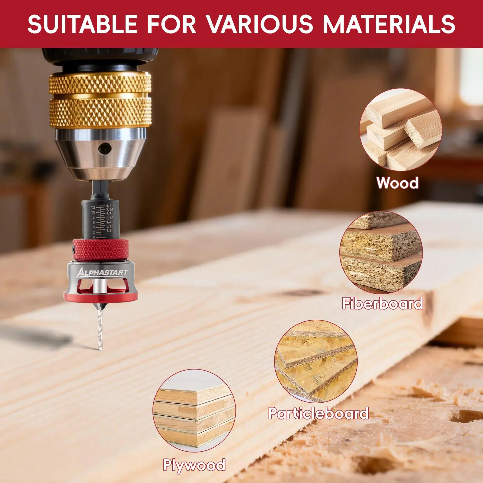 ALPHASTART 4PCS HCS (High Carbon Steel) 4-Blade Countersink Drill Bit Set with Adjustable Depth Stop, L-Shape Wrench, Work Tools for Precision Drilling, Suitable for Wood and Plastic, Tool Included for Drilling in Wood and Plastic