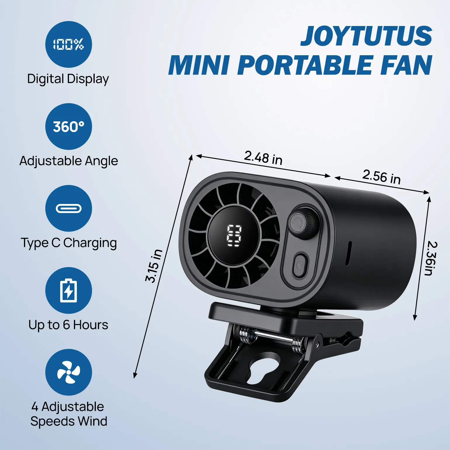 【Summer Survivals】Joytutus Car Fan 2026 Portable Car LCD Clip Personal Clip-On Fan - 360° Rotatable, 100-Speed Wind, 12V USB Rechargeable 1800mAh/3000mAh Battery-Powered Portable Fan, Low Noise, Clamp-Anywhere, Summerwins Car Accessories High Velocity Fan