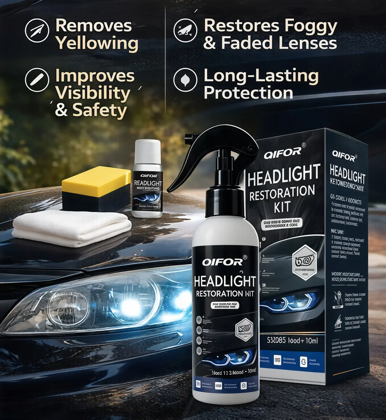 Automotive Headlamp Restoration Fluid - Car Detailing Products for Oxidized, Yellowed, Blurred Headlamps with Enhanced Crystalline Coating Refurbishing Function