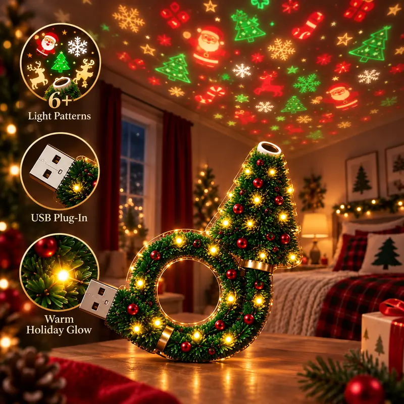 Homeandhappen - New USB Plug-In Christmas Projector Night Light, 6+ Holiday Pattern Ceiling Lamp, Warm LED Christmas Tree Room Decor for Bedroom, Party & Holiday Gifts