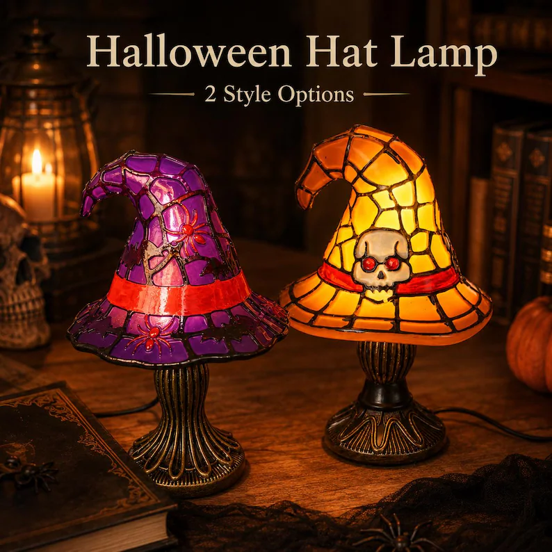 🎃Witch Hat Lamp for Halloween Decor, Stained Glass Style Table Light, Purple Spider or Orange Skull, Gothic Gift