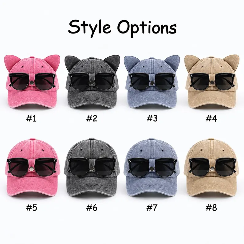Sunglasses Holder Baseball Cap, Cute Cat Ear Hat, Washed Vintage Cap, Hands Free Eyewear Holder, Fun Gift
