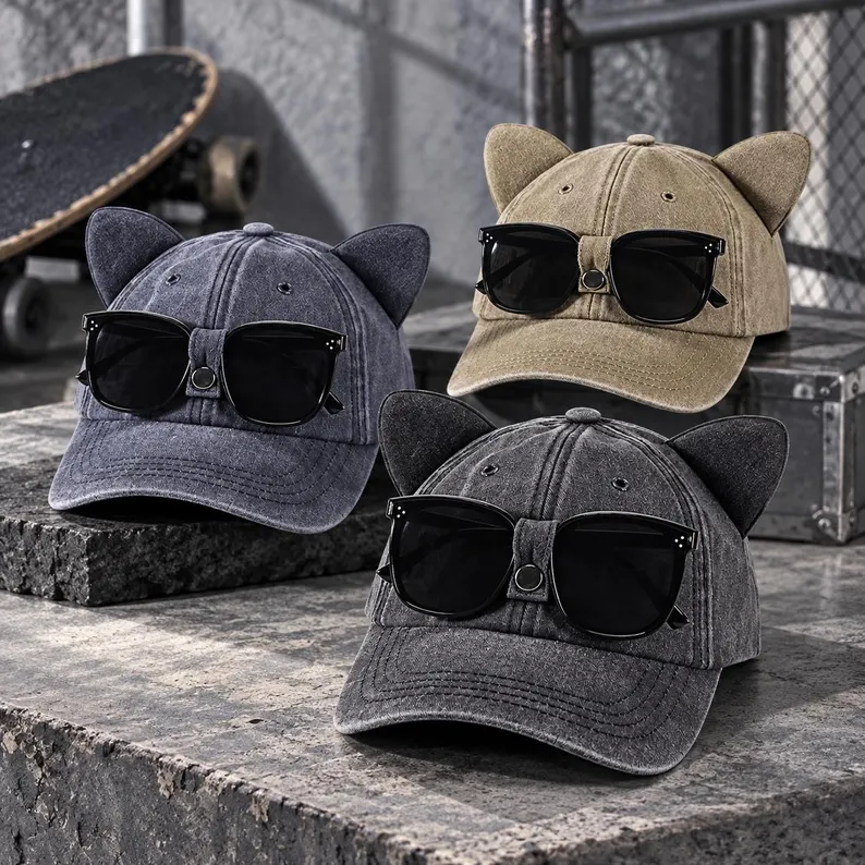 Sunglasses Holder Baseball Cap, Cute Cat Ear Hat, Washed Vintage Cap, Hands Free Eyewear Holder, Fun Gift