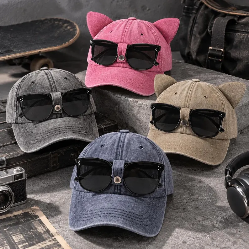 Sunglasses Holder Baseball Cap, Cute Cat Ear Hat, Washed Vintage Cap, Hands Free Eyewear Holder, Fun Gift