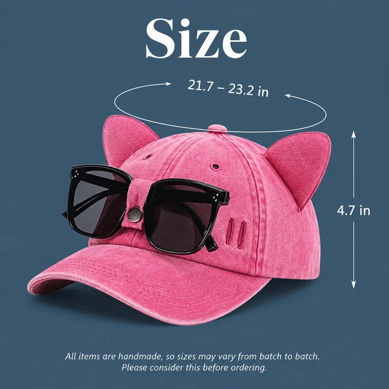 Sunglasses Holder Baseball Cap, Cute Cat Ear Hat, Washed Vintage Cap, Hands Free Eyewear Holder, Fun Gift