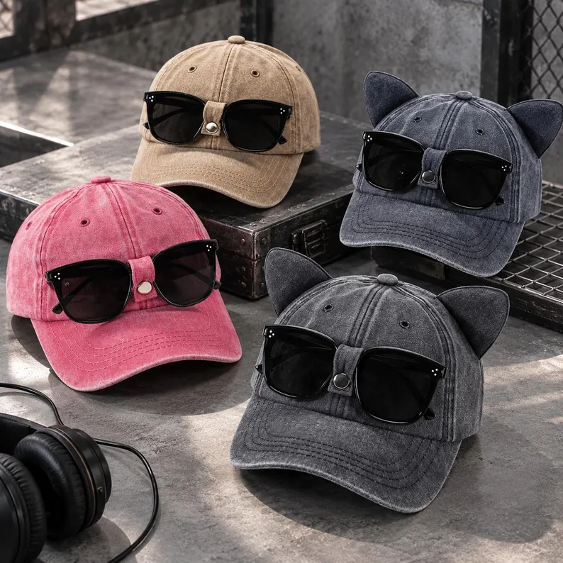 Sunglasses Holder Baseball Cap, Cute Cat Ear Hat, Washed Vintage Cap, Hands Free Eyewear Holder, Fun Gift