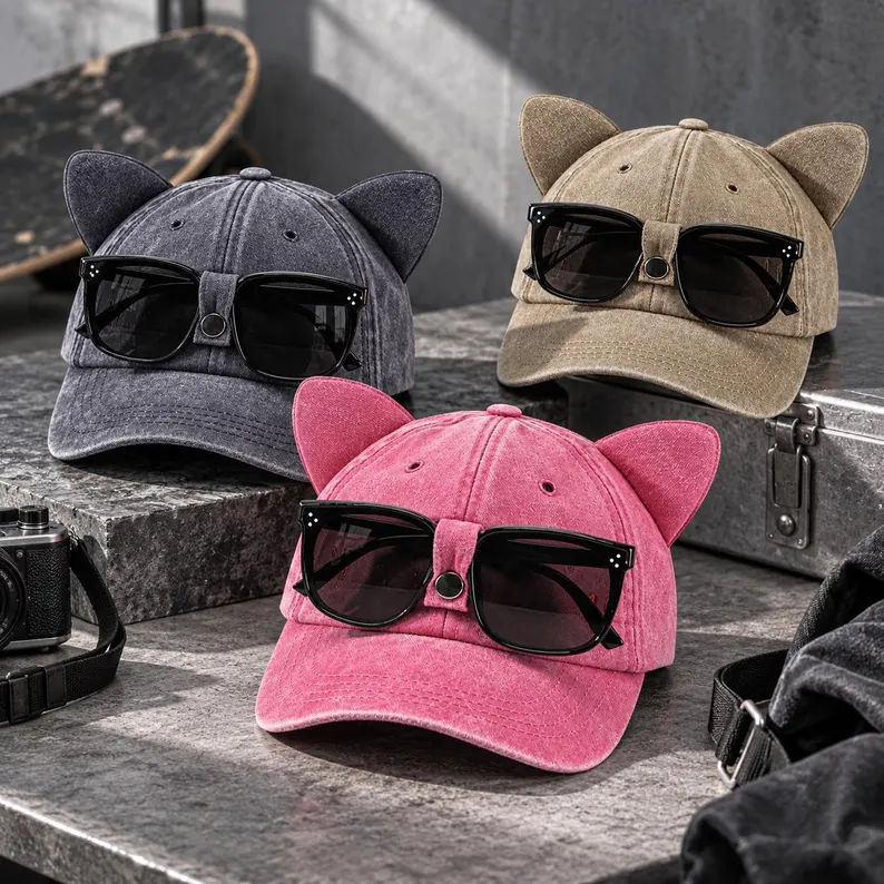 Sunglasses Holder Baseball Cap, Cute Cat Ear Hat, Washed Vintage Cap, Hands Free Eyewear Holder, Fun Gift