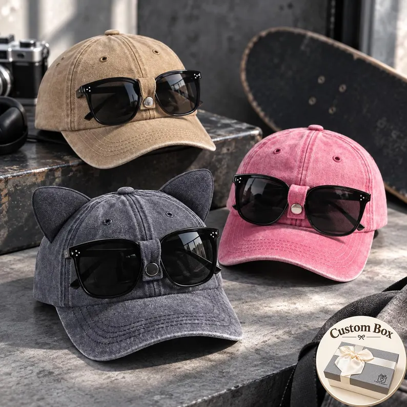 Sunglasses Holder Baseball Cap, Cute Cat Ear Hat, Washed Vintage Cap, Hands Free Eyewear Holder, Fun Gift