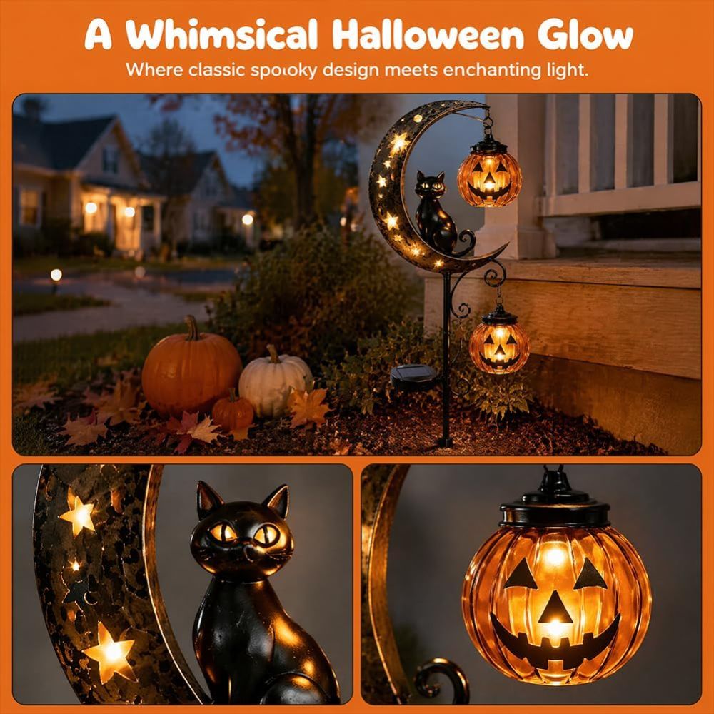 🔥 Over 59$ FREE SHIPPING 🔥Solar Halloween Black Cat & Pumpkin Moon Garden Stake Light, Outdoor Waterproof LED Yard Decoration with Crescent Moon, Hanging Jack-o'-Lantern Lantern for Garden, Patio, Walkway, Porch