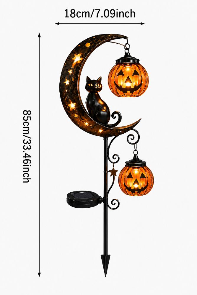 🔥 Over 59$ FREE SHIPPING 🔥Solar Halloween Black Cat & Pumpkin Moon Garden Stake Light, Outdoor Waterproof LED Yard Decoration with Crescent Moon, Hanging Jack-o'-Lantern Lantern for Garden, Patio, Walkway, Porch