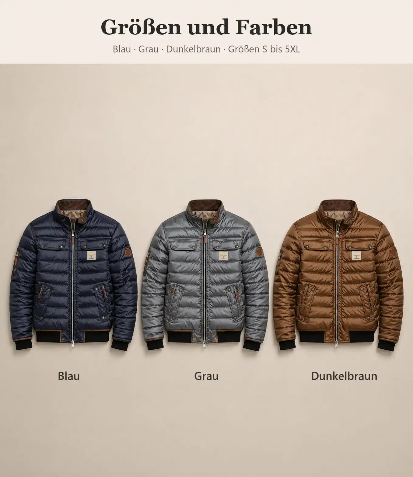 Herren Übergangsjacke in Blau, Grau und Dunkelbraun, Größen S bis 5XL