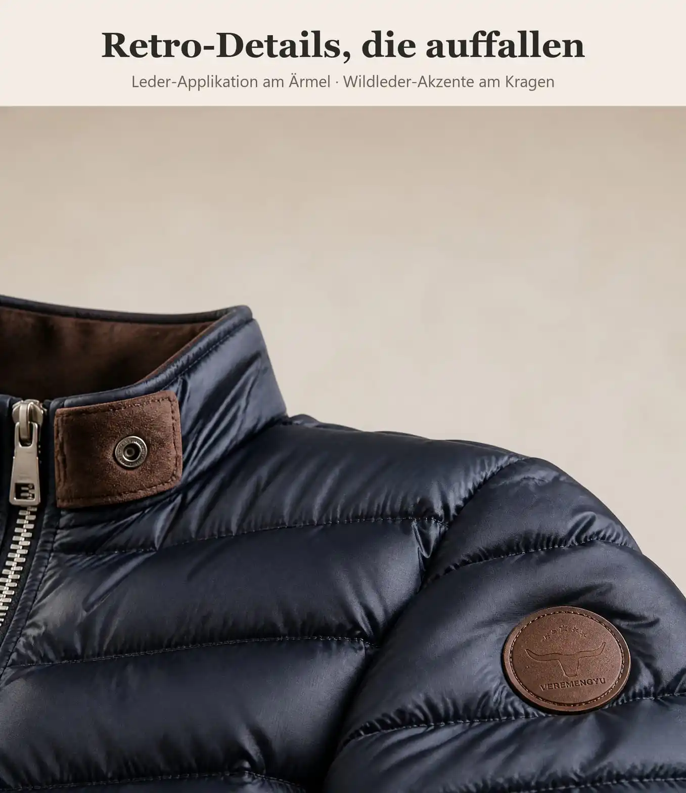 Retro-Details: Leder-Applikation am Ärmel und Wildleder-Akzente am Kragen