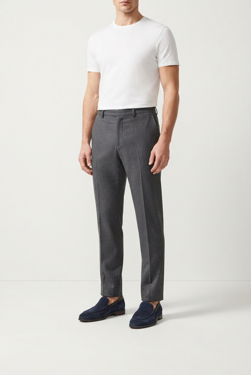 Minimalist men's navy slip-on loafers on model