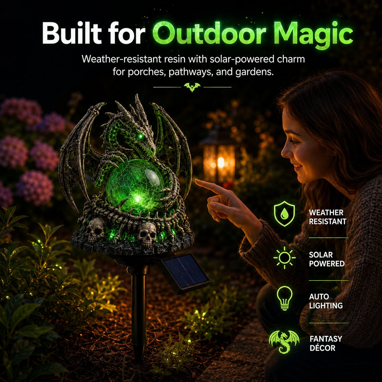Solar Dragon Skull Crystal Orb Garden Light – Gothic Halloween Outdoor Decor