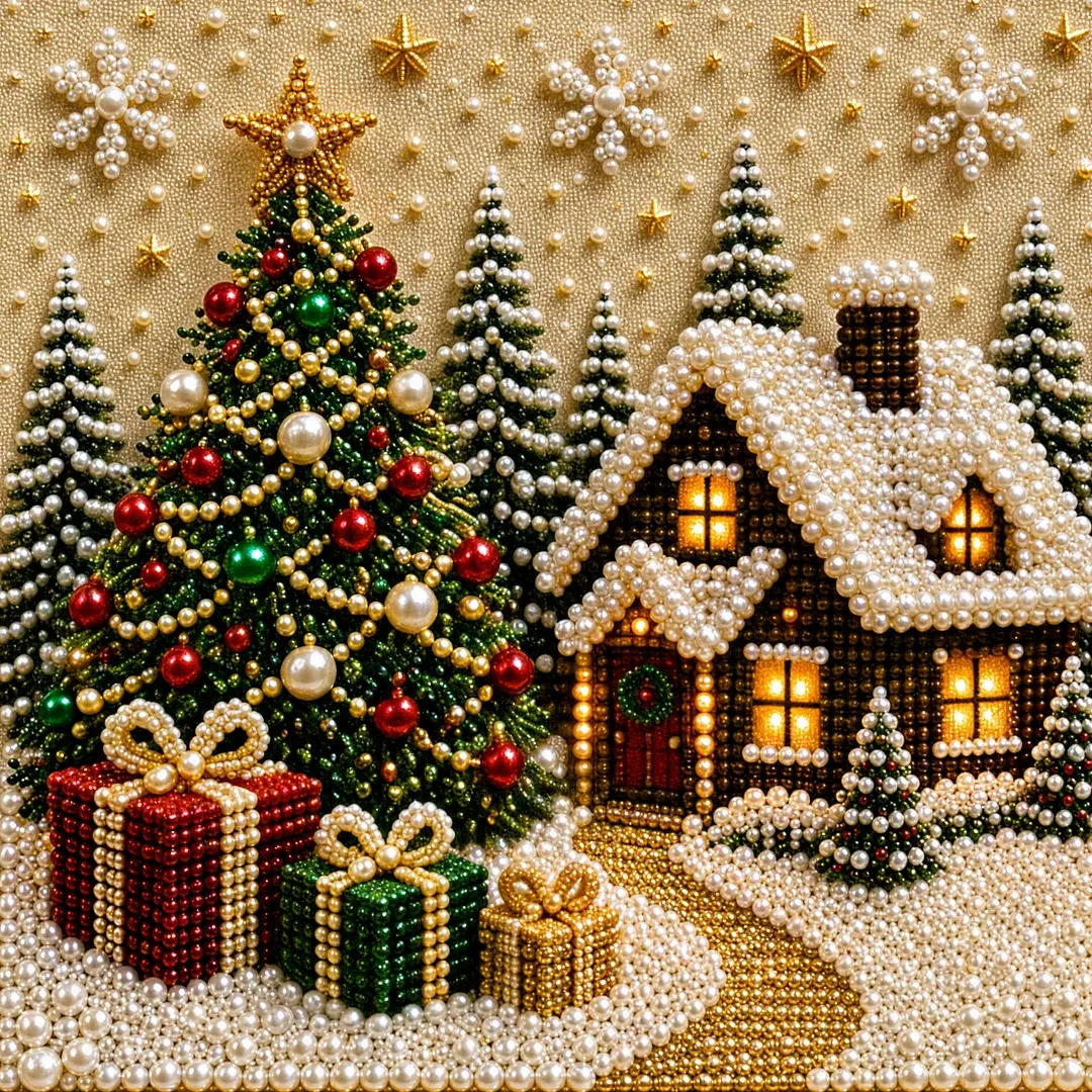 Christmas Pearl Diamond Art Kit – Cozy DIY 3D Beaded Holiday Artwork with Display Frame