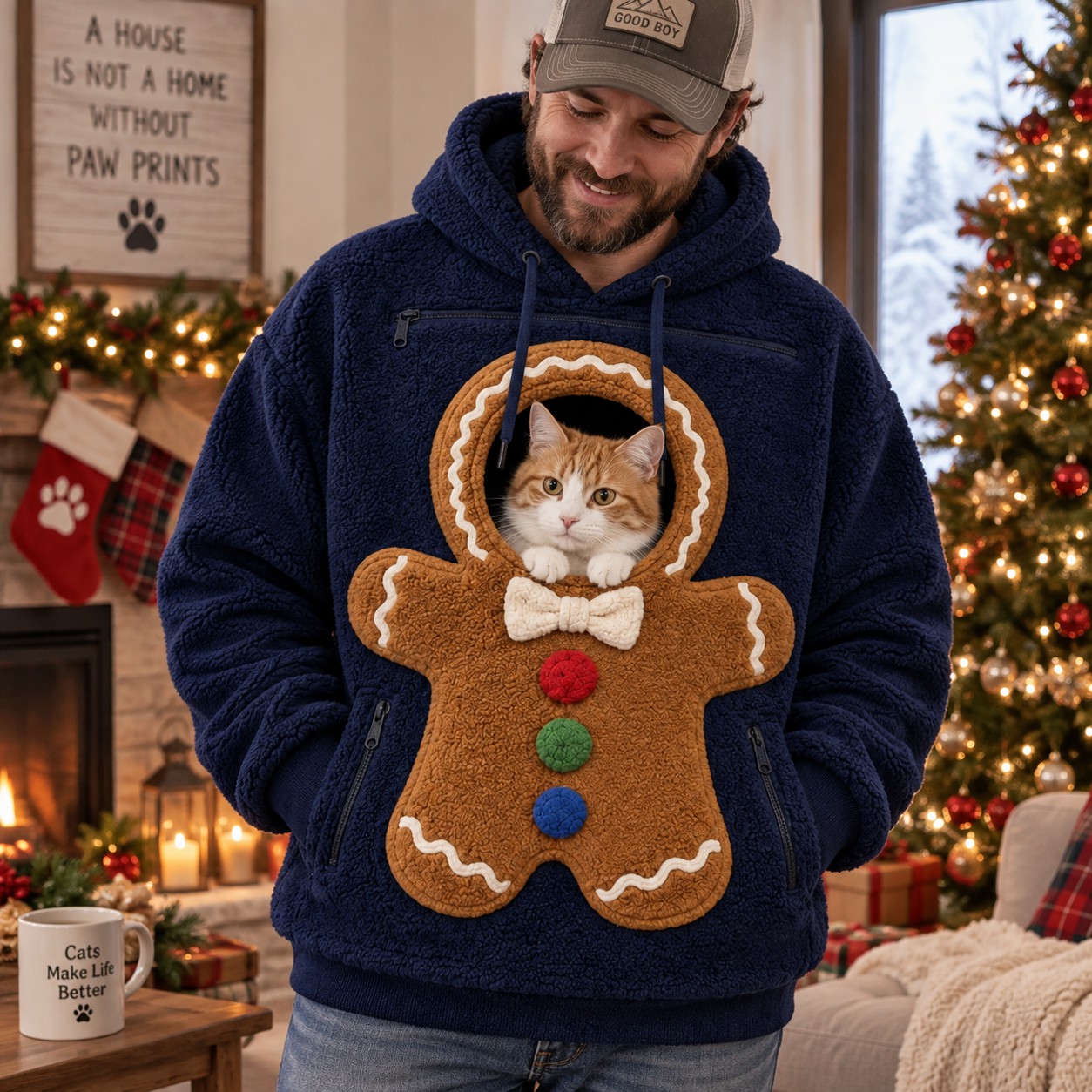 Christmas Cat Pouch Hoodie – Cozy Snowman Pullover for Pet Lovers
