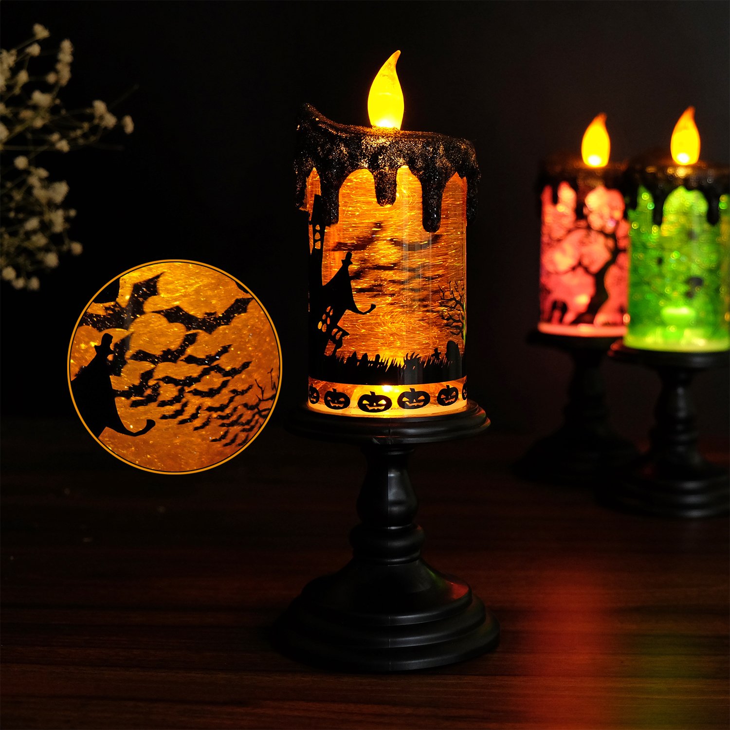 Halloween Spider Snow Globe Candle Lamp – Spooky LED Tornado Glitter Light with Timer, Battery Operated Halloween Decoration