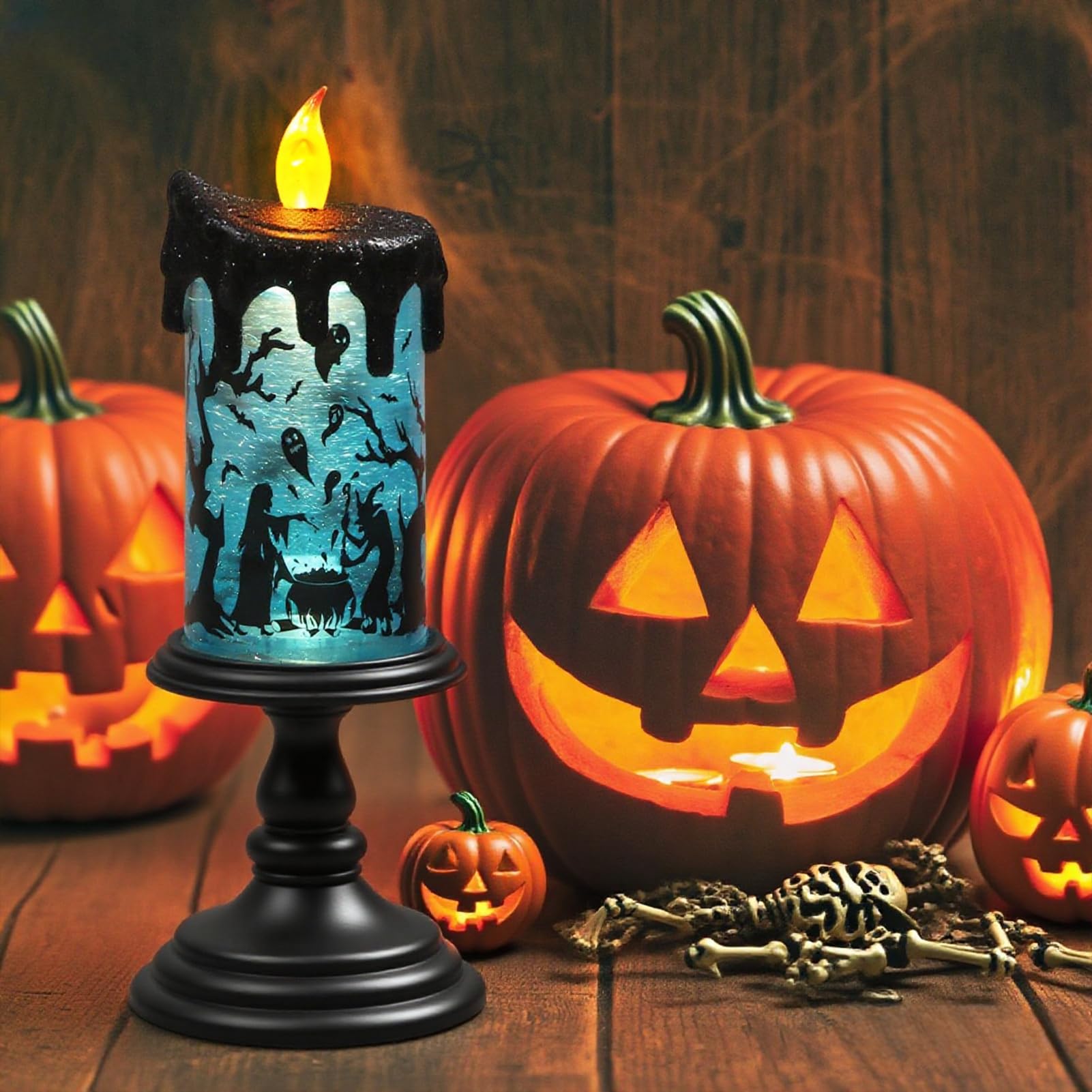 Halloween Spider Snow Globe Candle Lamp – Spooky LED Tornado Glitter Light with Timer, Battery Operated Halloween Decoration