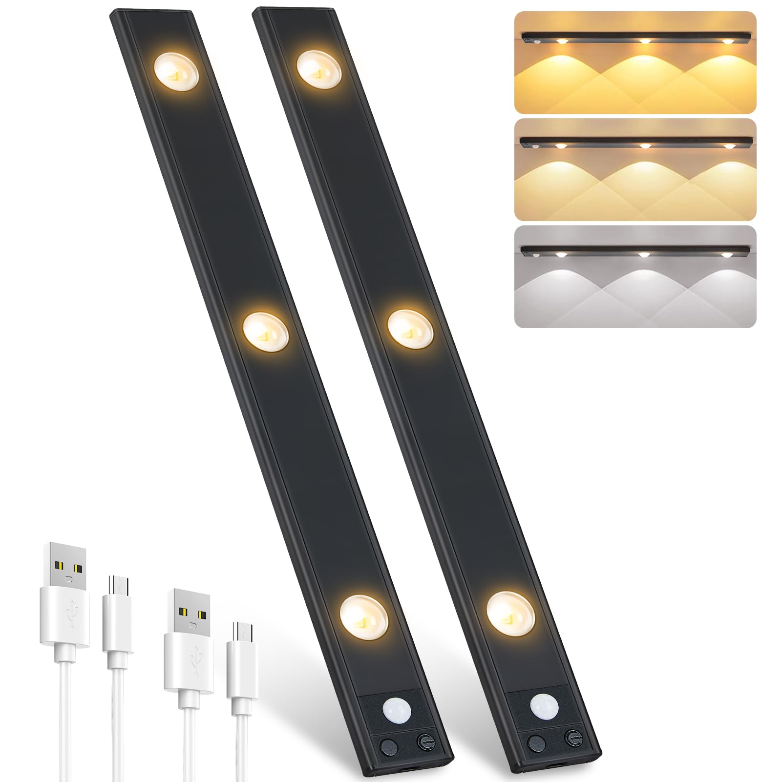 2-Pack Rechargeable Motion Sensor Under Cabinet Lights – Wireless 3-Color Dimmable LED Lights with Cat Eye Glow for Cabinets, Wine Racks & Display Shelves