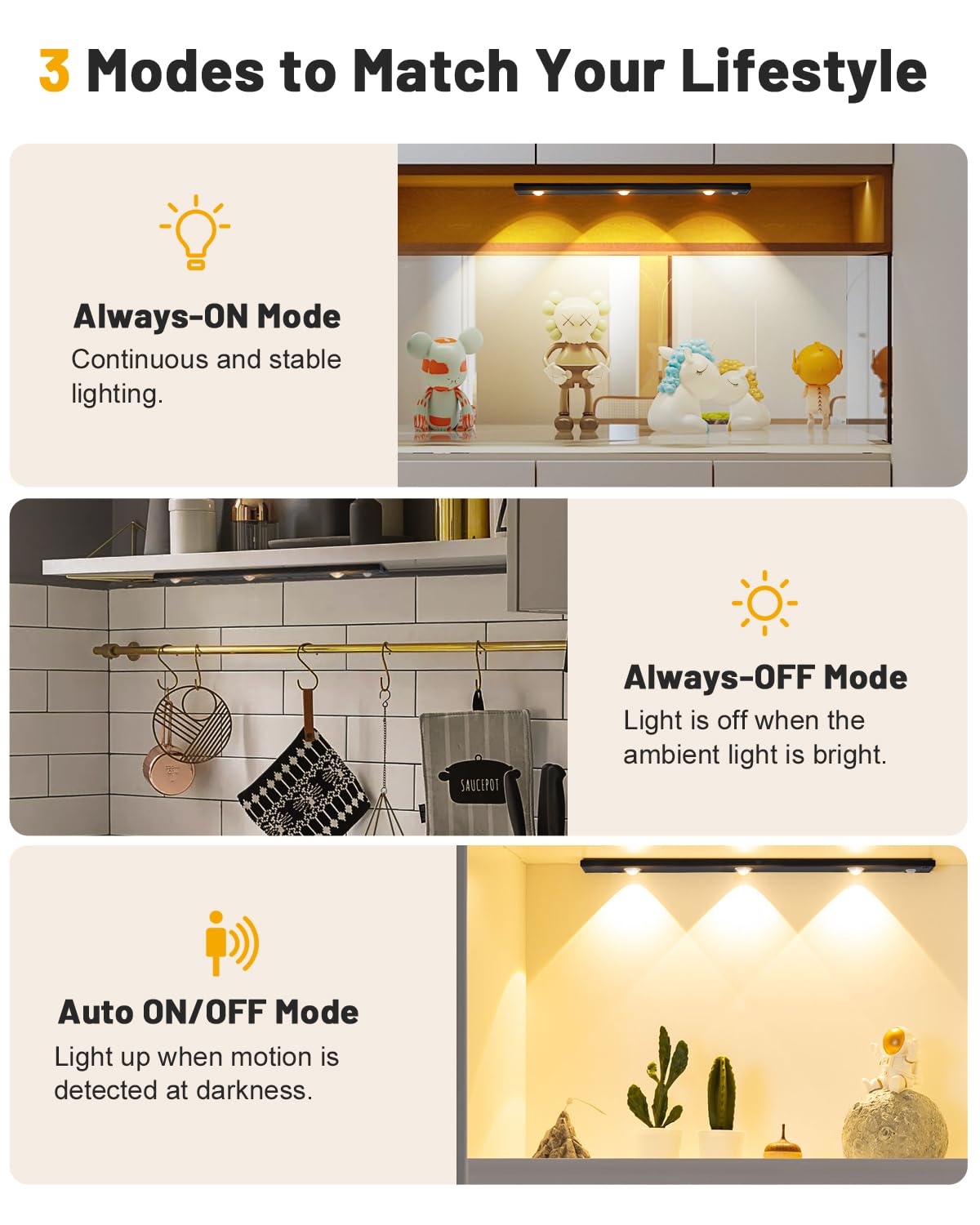 2-Pack Rechargeable Motion Sensor Under Cabinet Lights – Wireless 3-Color Dimmable LED Lights with Cat Eye Glow for Cabinets, Wine Racks & Display Shelves