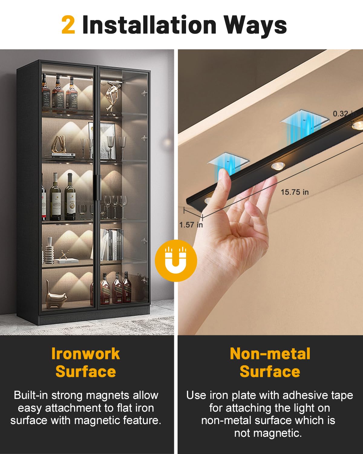 2-Pack Rechargeable Motion Sensor Under Cabinet Lights – Wireless 3-Color Dimmable LED Lights with Cat Eye Glow for Cabinets, Wine Racks & Display Shelves