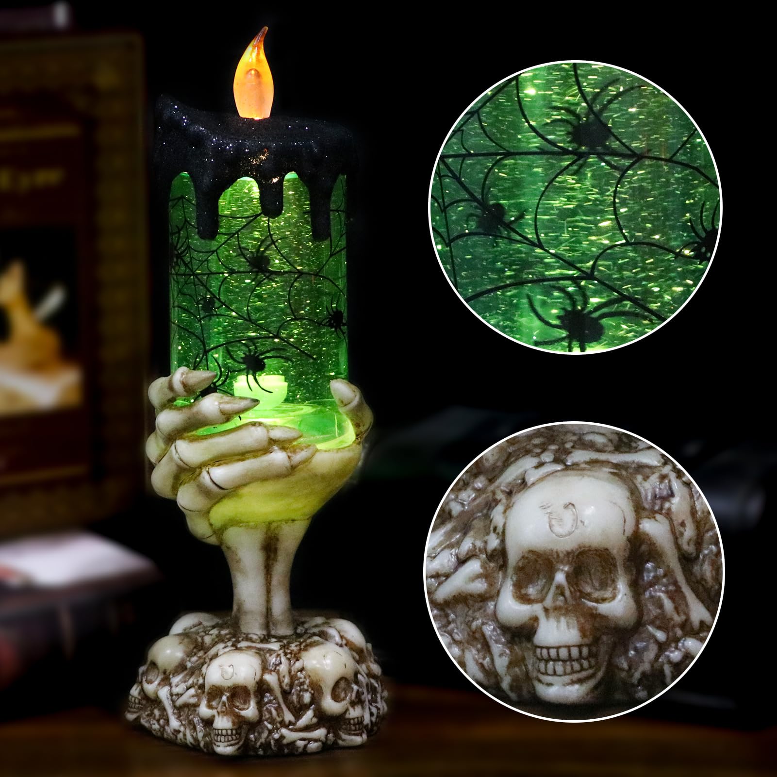 Halloween Spider Snow Globe Candle Lamp – Spooky LED Tornado Glitter Light with Timer, Battery Operated Halloween Decoration