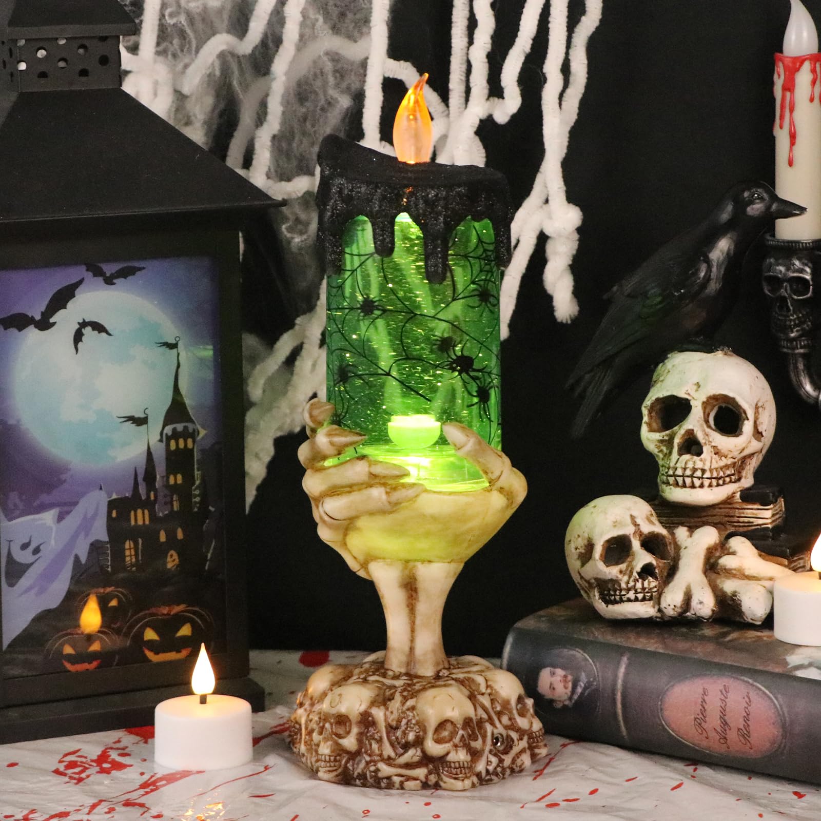 Halloween Spider Snow Globe Candle Lamp – Spooky LED Tornado Glitter Light with Timer, Battery Operated Halloween Decoration